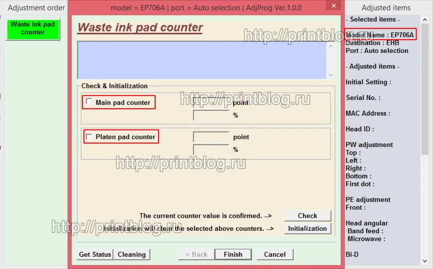 Adjustment program Epson EP-706A для сброса отработки