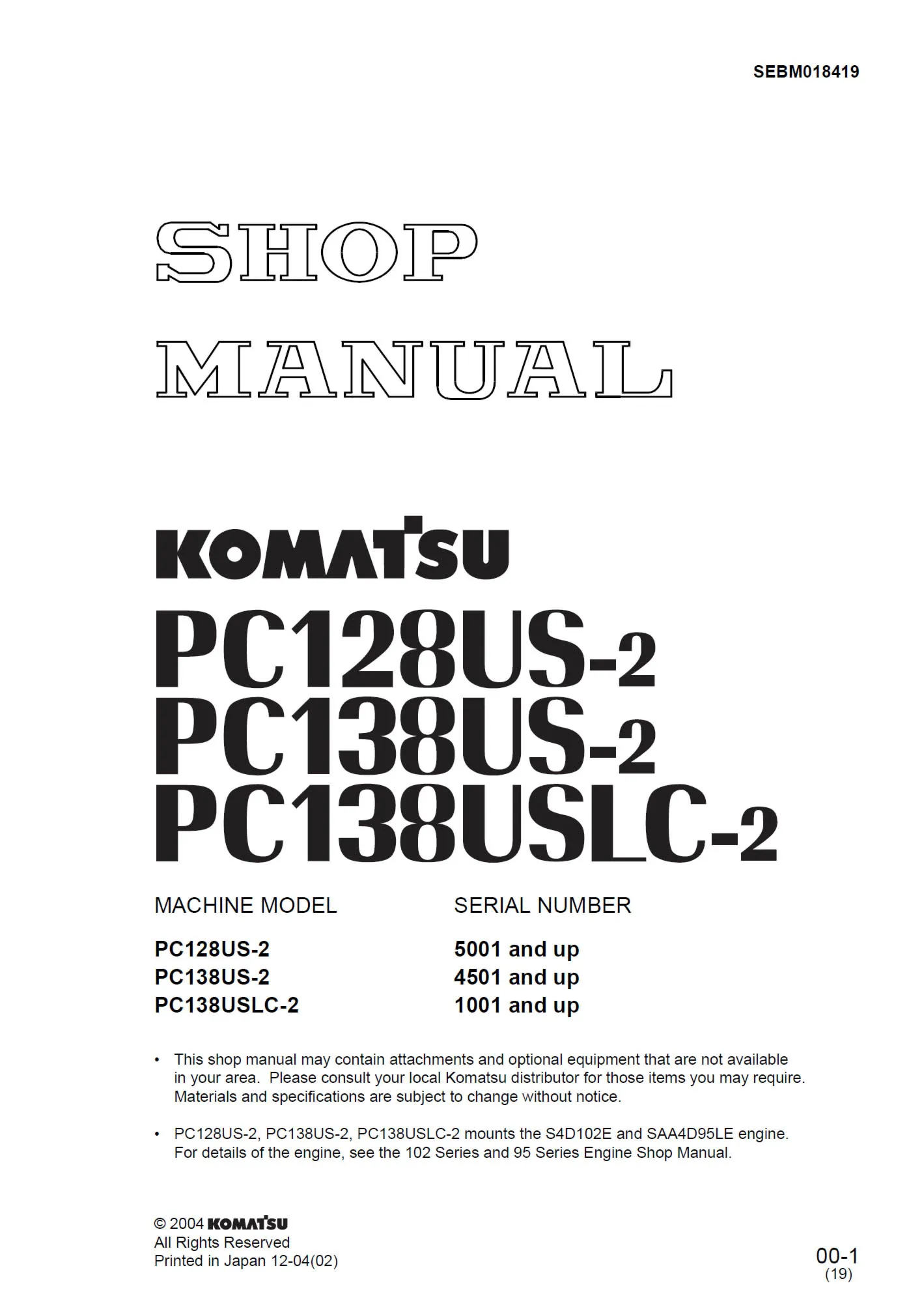 Komatsu PC128US-2, PC138US-2, USLC-2 Shop Manual