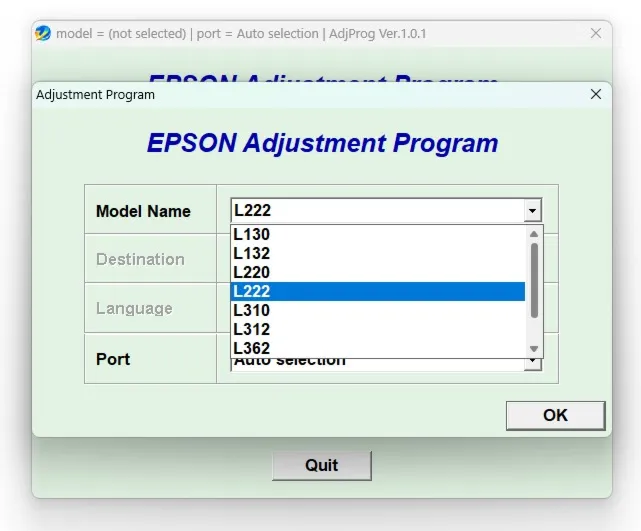 Сброс памперса EPSON AdjProg – L130 L132 L220 L222 L310 L312L362 L365 L366