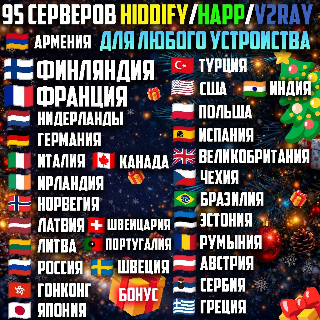 95 локаций VLESS Happ, Hiddify, v2rayTUN Безлимит